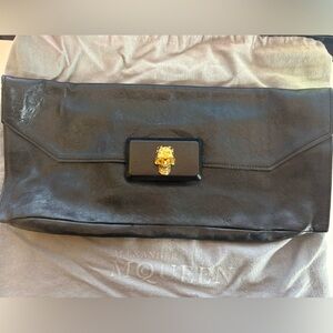 Alexander McQueen Black Leather Clutch with Gold Skull